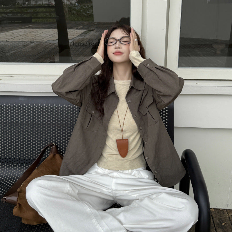 Casual Green Utility Shirt Jacket Long Sleeve Blouse for Women