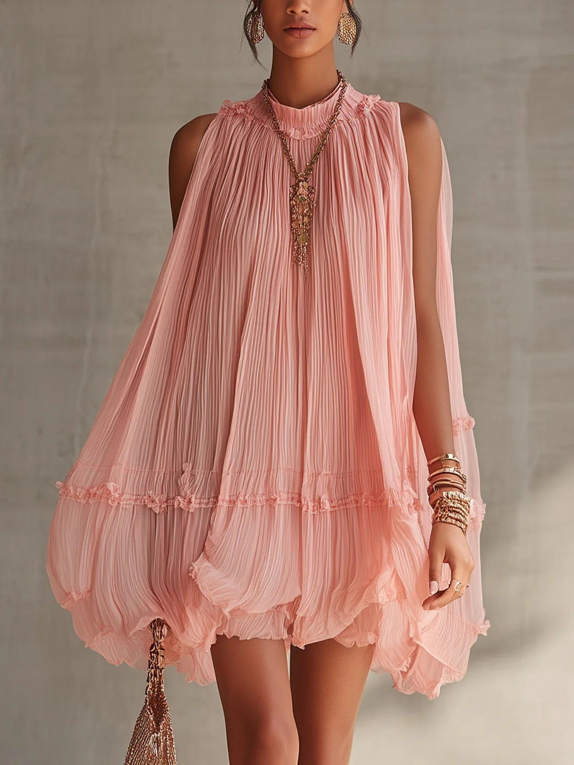 Sleeveless Pleated Mini Dress for Women, Loose A-Line Skirt with Ruffled Hem, Gathered Pleats, Casual Vacation Style, Flared Silhouette, Sweet Baby Doll Dress