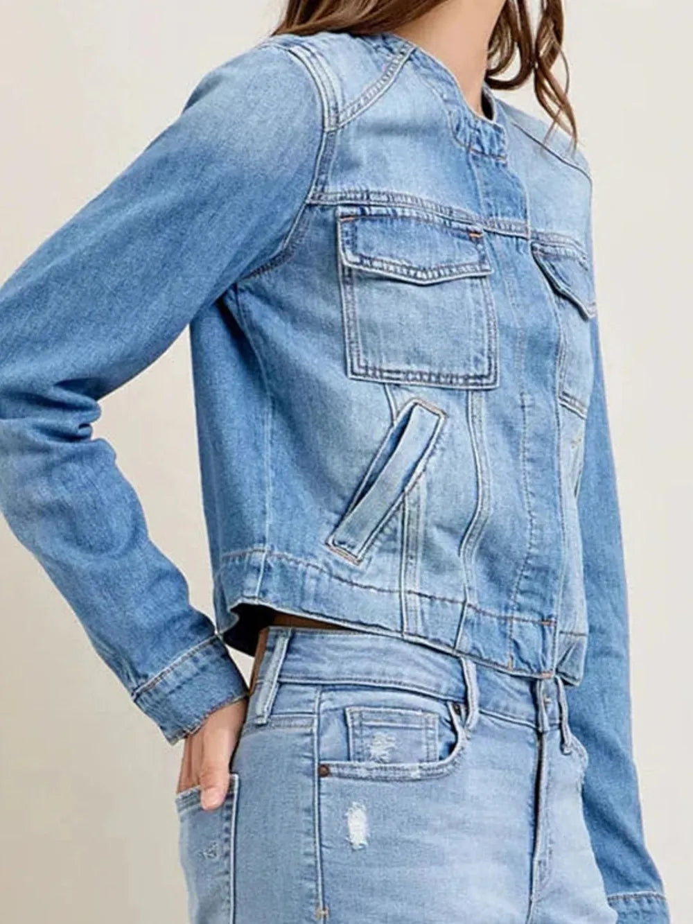 Slim fit short collarless long sleeved denim jacket retro multi pocket workwear jacket ﻿