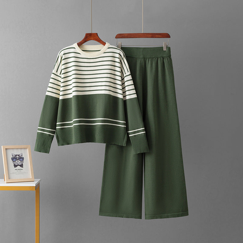 Two piece striped round neck sweater set