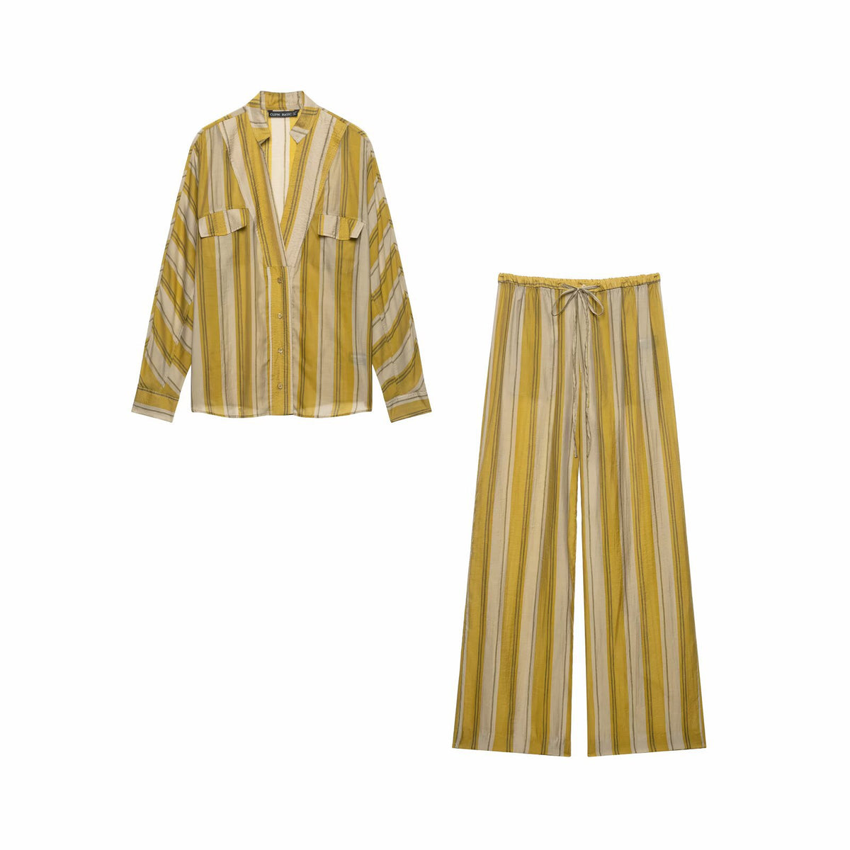 Pocket breasted striped shirt+pants set for women