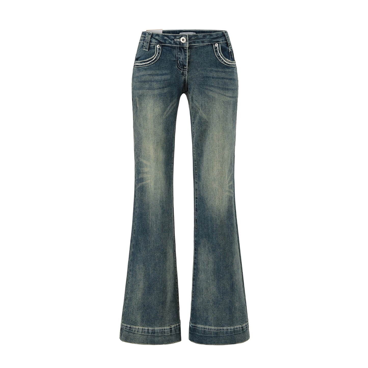 Low-Waist Washed Blue Flared Jeans for Women, Comfortable and Versatile Denim Pants