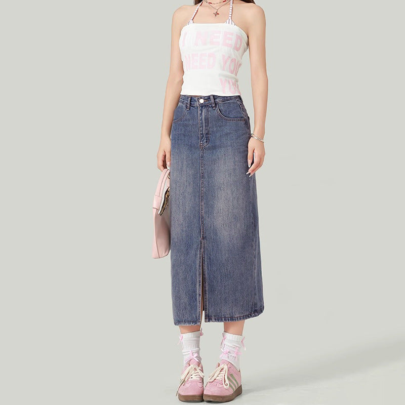 Trendy Versatile  High-Waisted Slit Denim Skirt Women's  Half Skirt Bodycon Denim Skirt