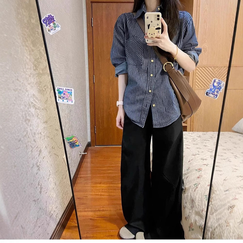 Retro Striped Long Sleeve Women's Shirt Casual Blue Blouse Loose Fit Top