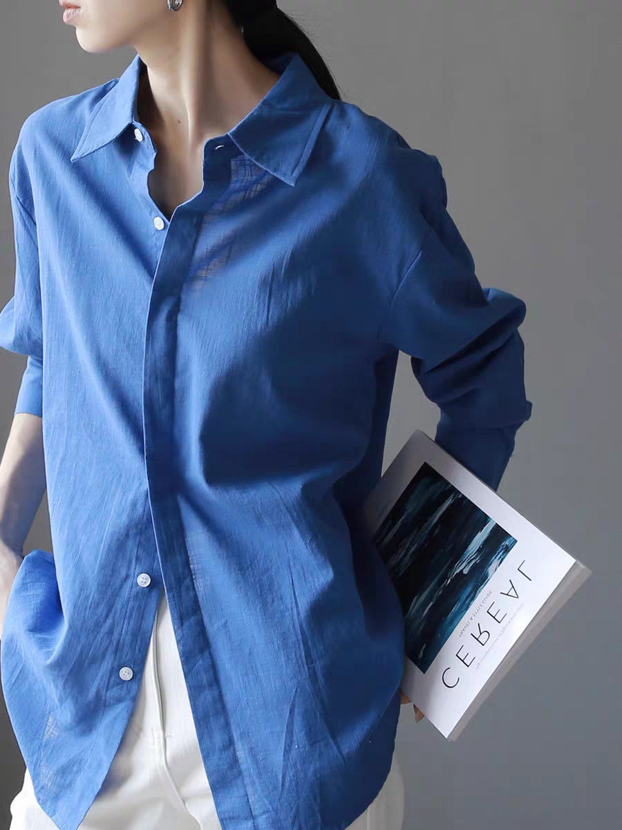 Blue Polo Collar Sun Protection Shirt Loose Lazy Style Long Sleeve Lightweight Cotton Linen Blouse Jacket
