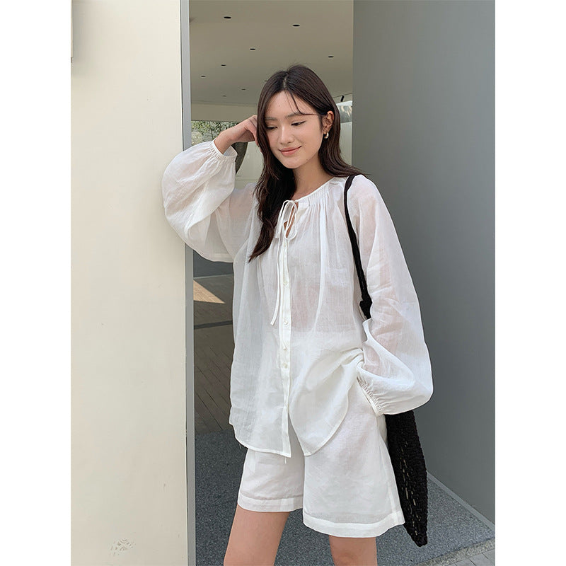 Linen-Cotton Collar Pleated Tie-Neck Blouse  Elegant Women's Top