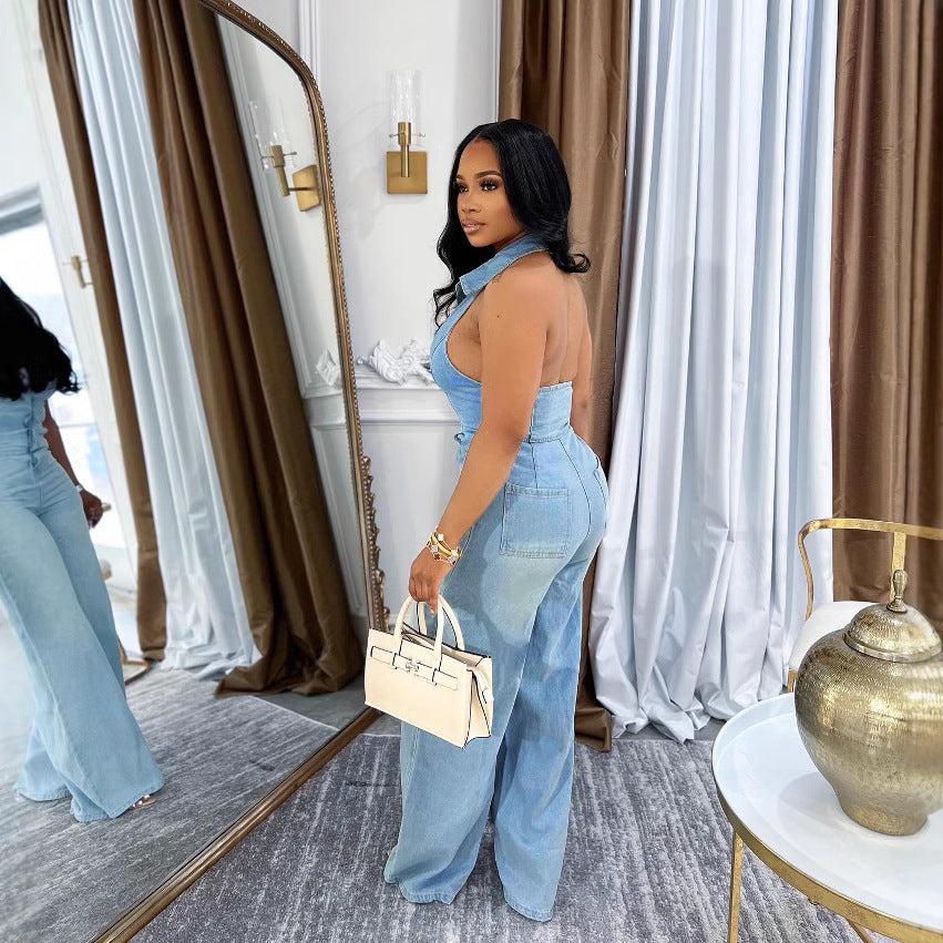 Strapless Sexy Backless Long Denim Jumpsuit for Women