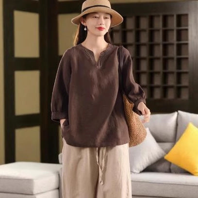 Thick Hemp Shirt Women's Handmade Embroidered Blouse Elegant Three-Quarter Sleeve Pullover Top Summer