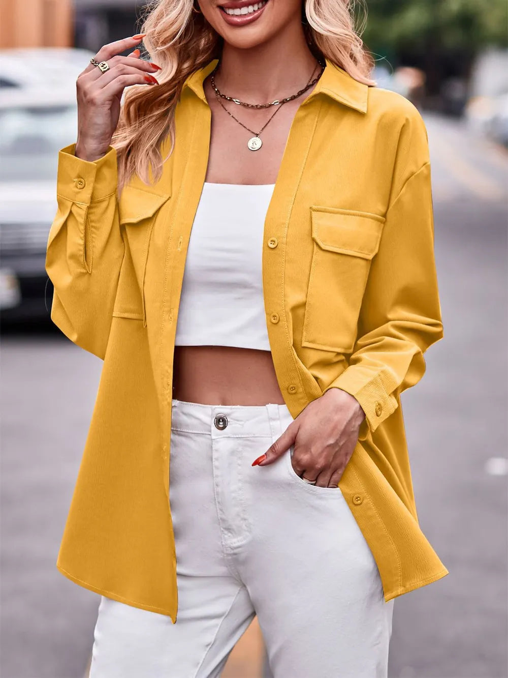 Casual and fashionable double pocket loose long sleeved solid color shirt