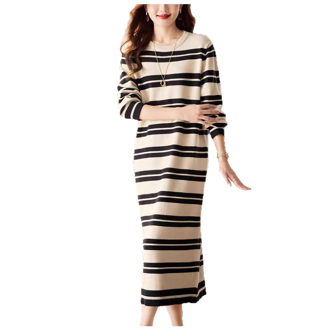 Women Long Length Color-blocked Lazy Style Knitted Dress