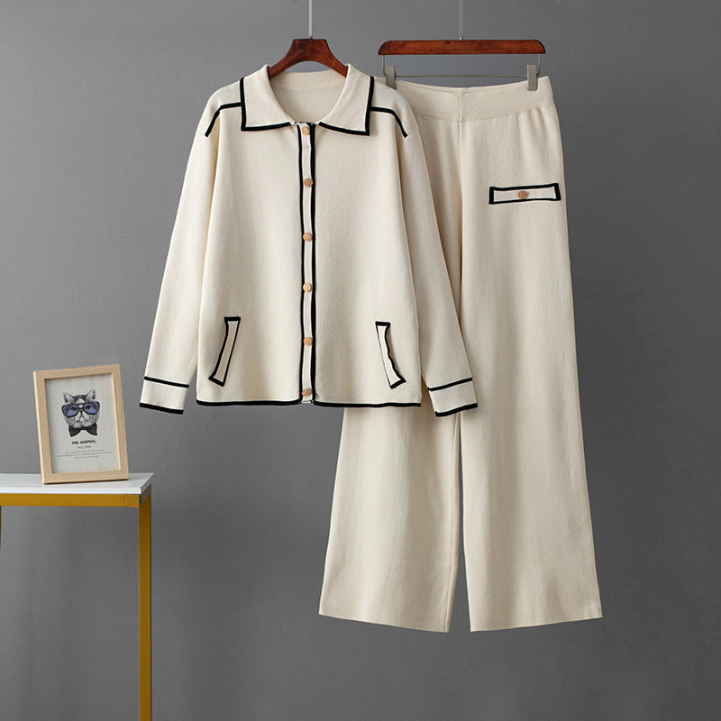 Polo collar sweater wide leg pants two-piece set
