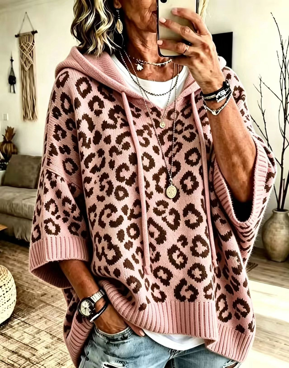 Leopard print hooded drawstring knit pullover hoodie knit