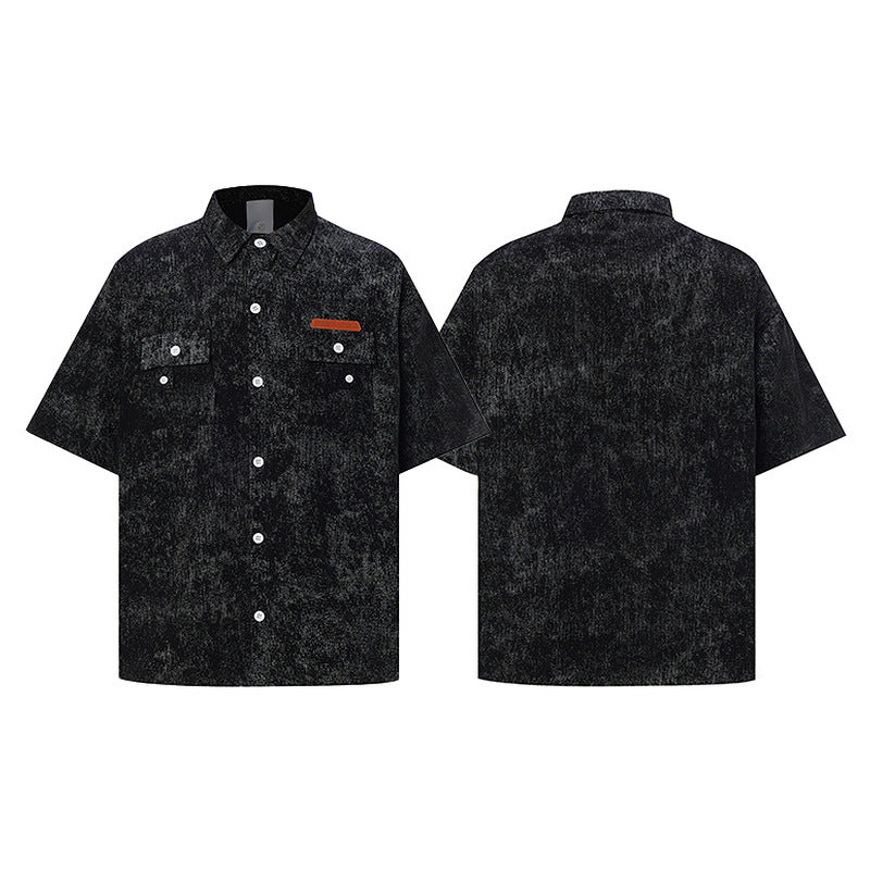 Men's Summer Short-Sleeved Collar Casual Shirt Slim Black Leisure