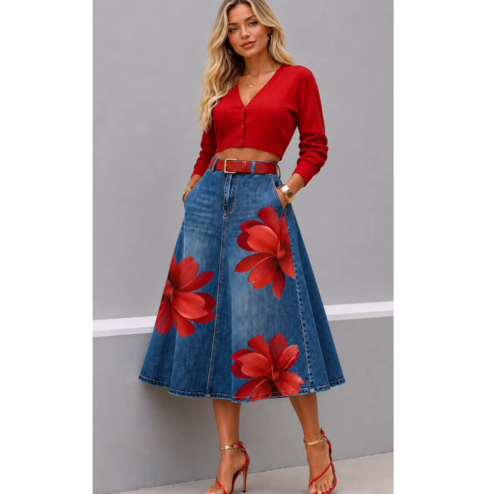 Style Floral Print Washed Denim High Waist Midi Skirt