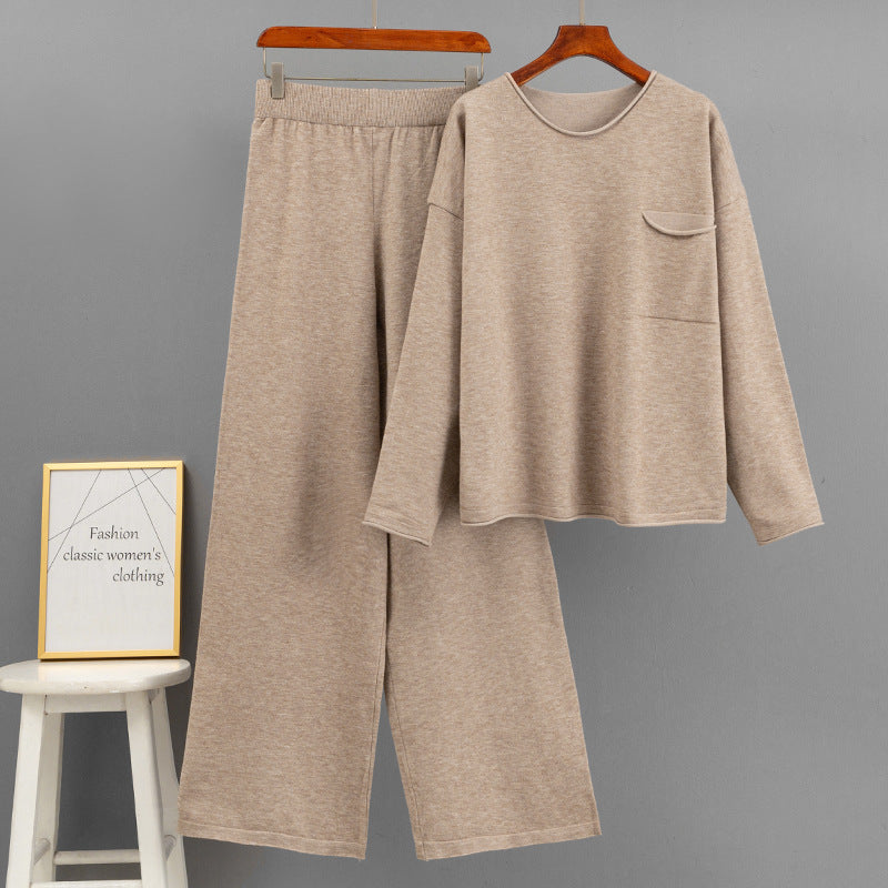 Round neck pocket sweater loose wide leg pants set for women