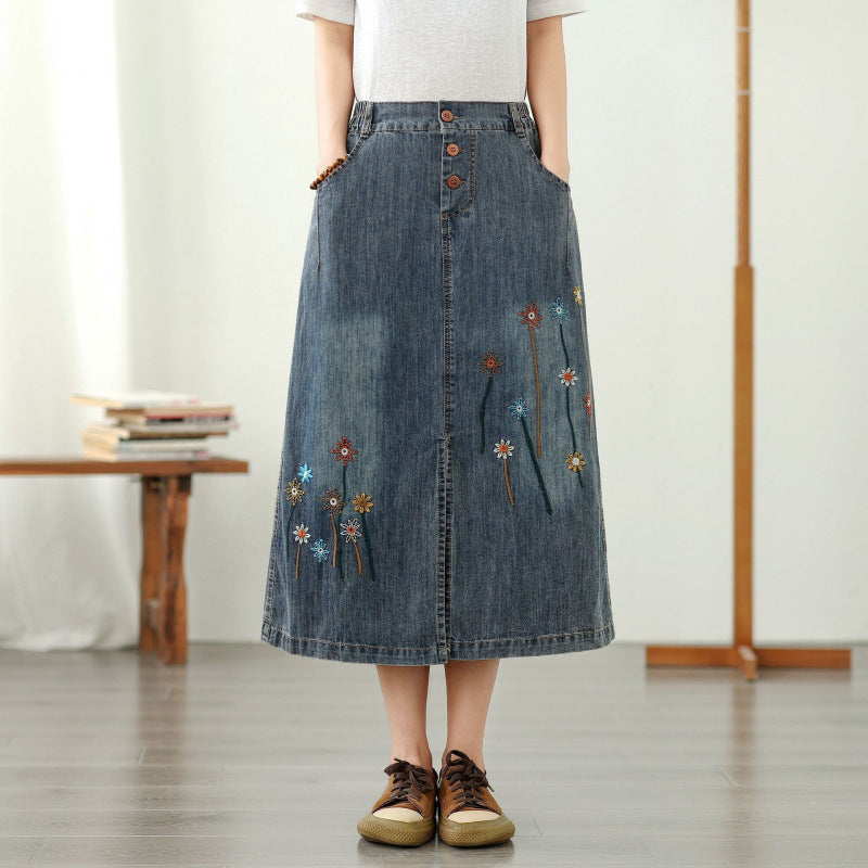 Simple Floral Embroidery Crochet Denim A-Line Skirt Women Loose High Waist Button