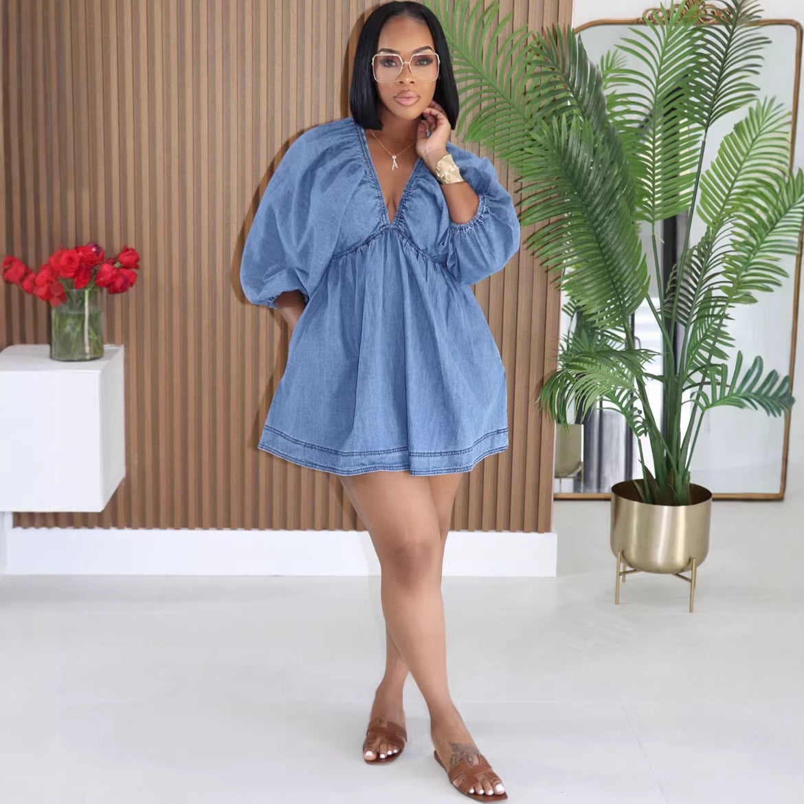 Sexy Women's Fashion Deep V-Neck Bubble Sleeve Denim Mini Dress