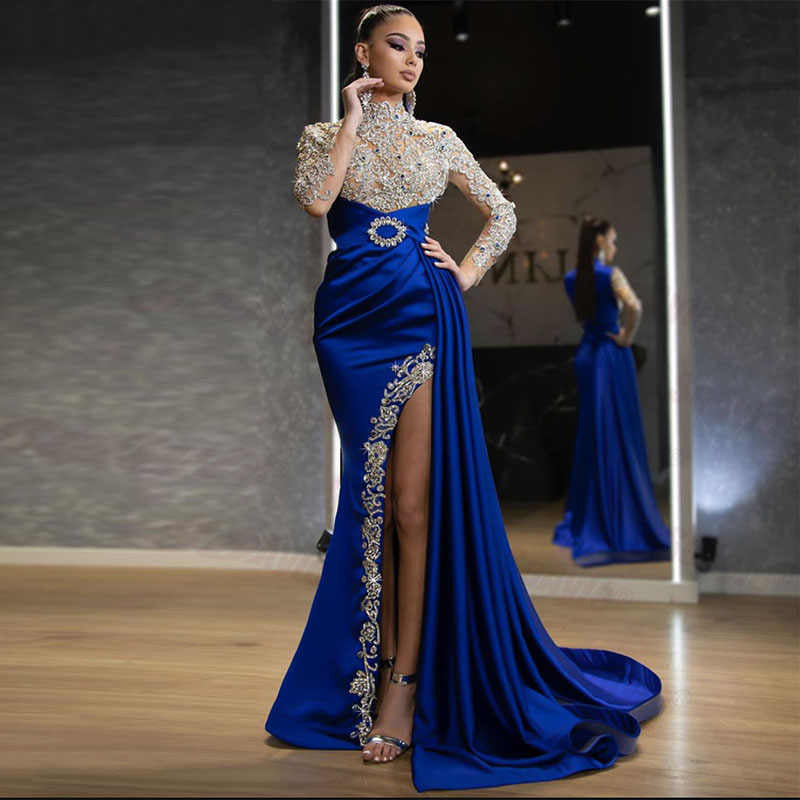 Elegant Blue Gold-Sprinkled Round Neck Long Dress for  Formal Evening Gown