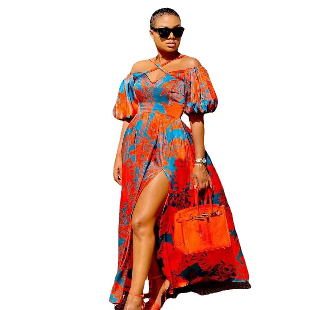 Printed V-Neck Backless Split Maxi Dress for Women