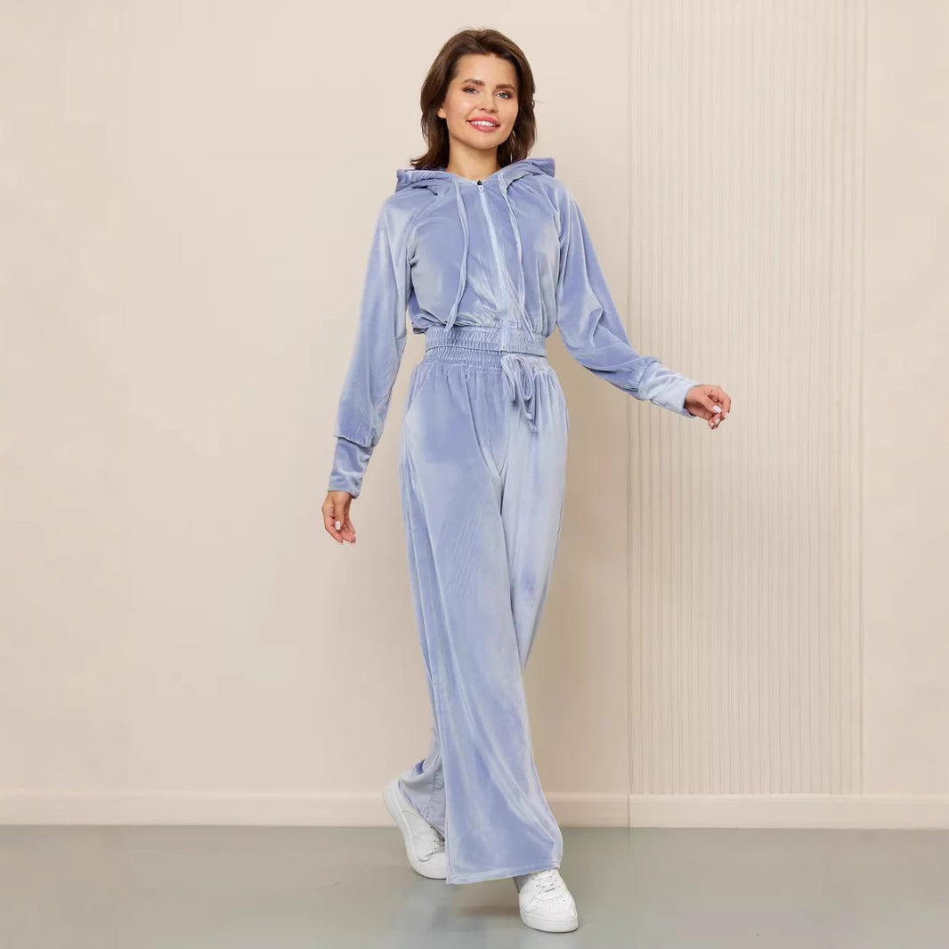 Women's Solid Color Zip-up Hoodie and Drawstring Pants Two-Piece Set