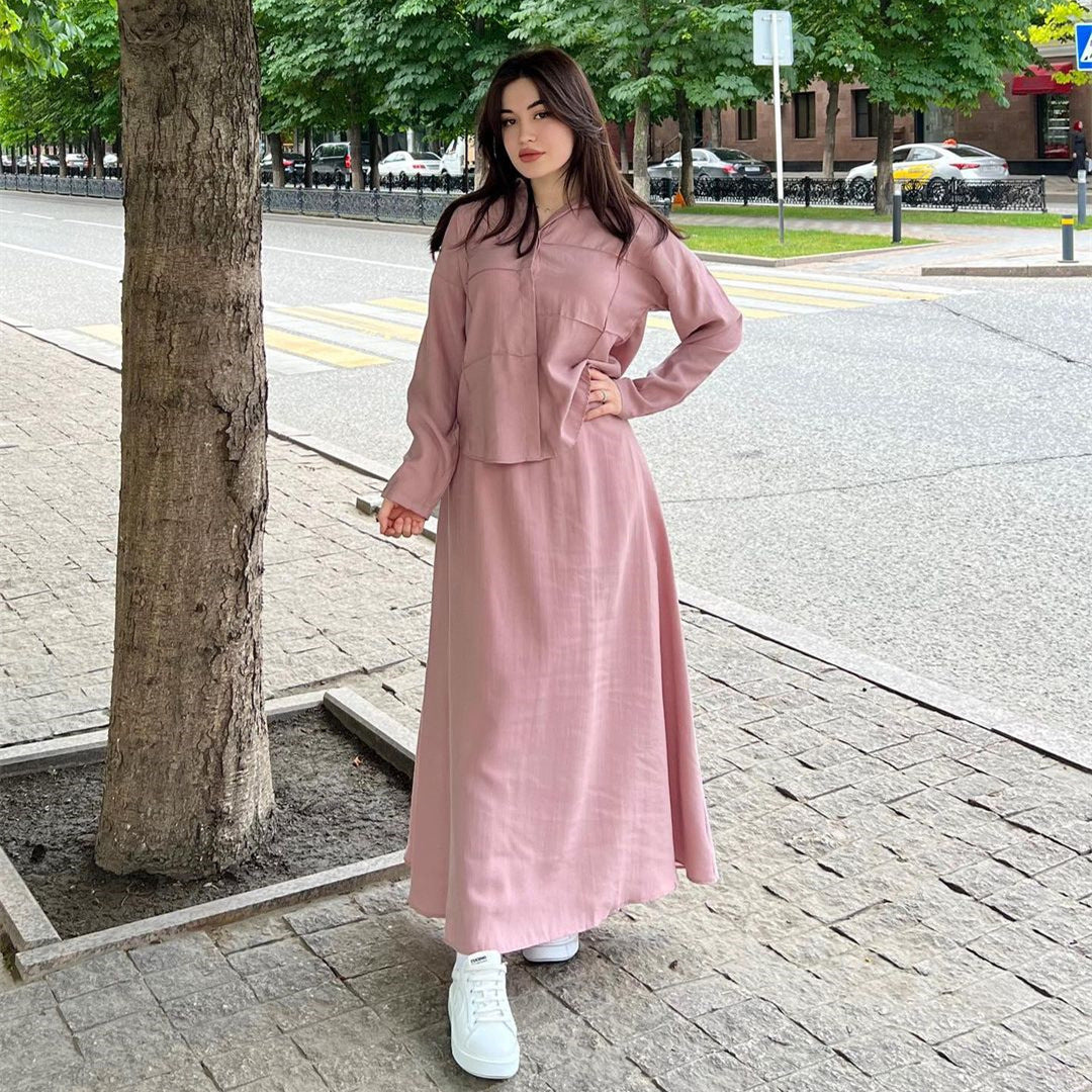 Long Sleeve Blouse and Skirt Casual Set for Dubai Women