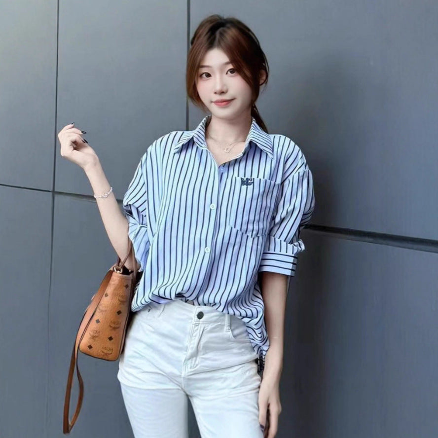 Style Striped Shirt Women's Casual Loose Fit Slimming Age-Reducing Blouse Top