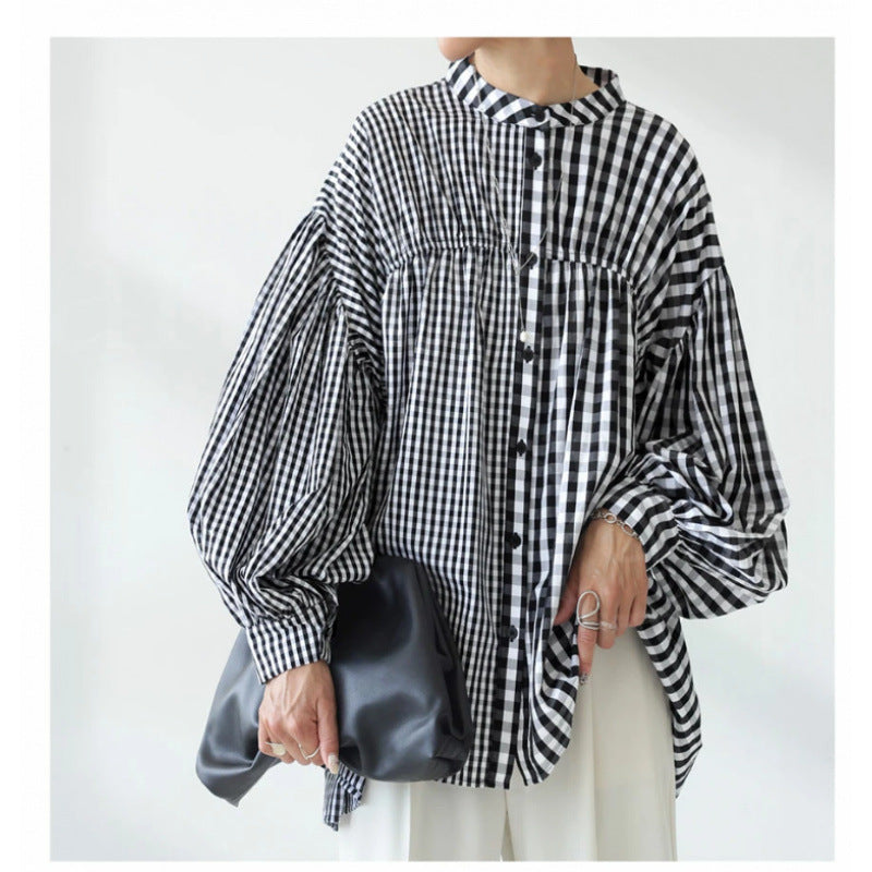 New long sleeved temperament checkered patchwork women's shirt loose irregular women's top