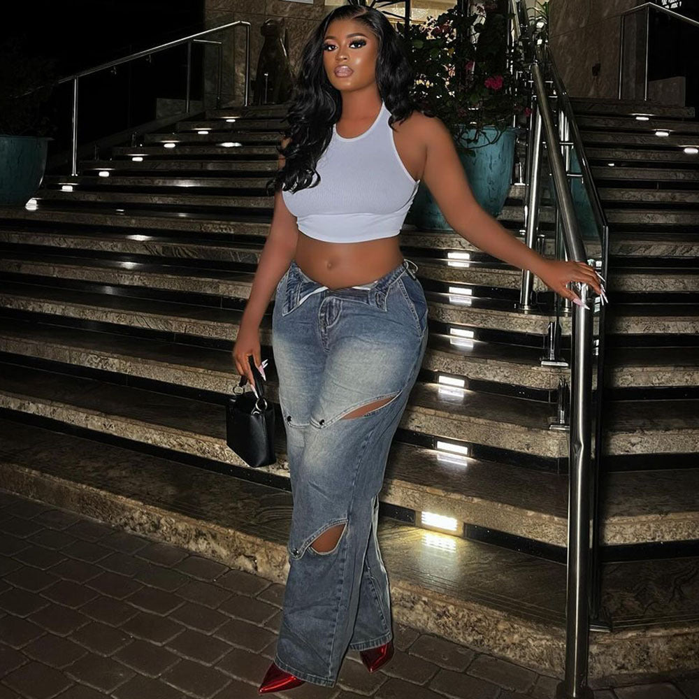 Women's Jeans Street Fashion Washed Button Closure High Waist Pants
