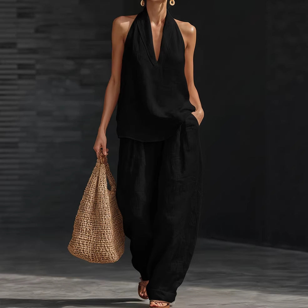 Fashionable Solid Color Strapless V-Neck Sleeveless Casual Two-Piece Set for Women