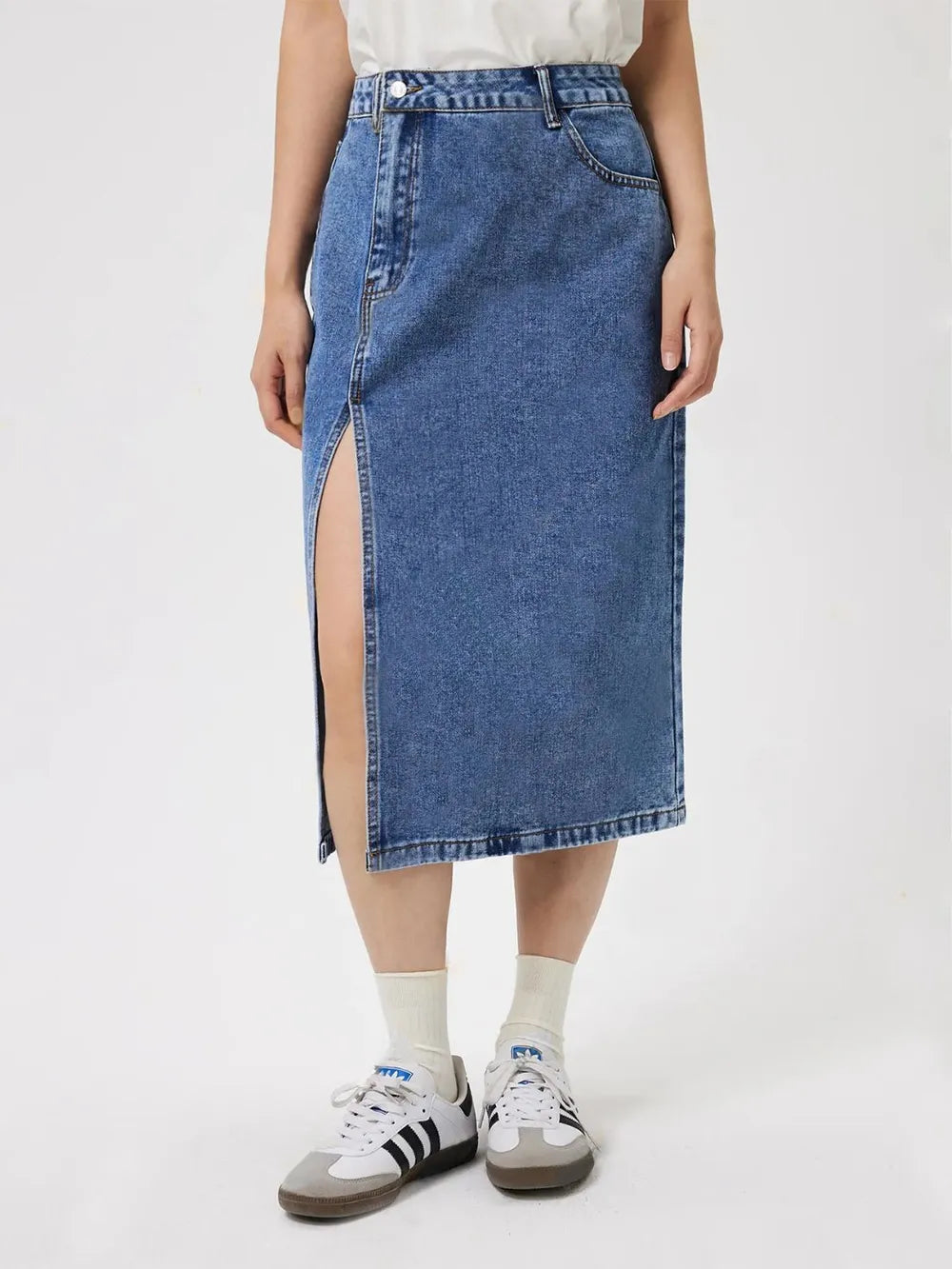 High waisted hip hugging split denim skirt