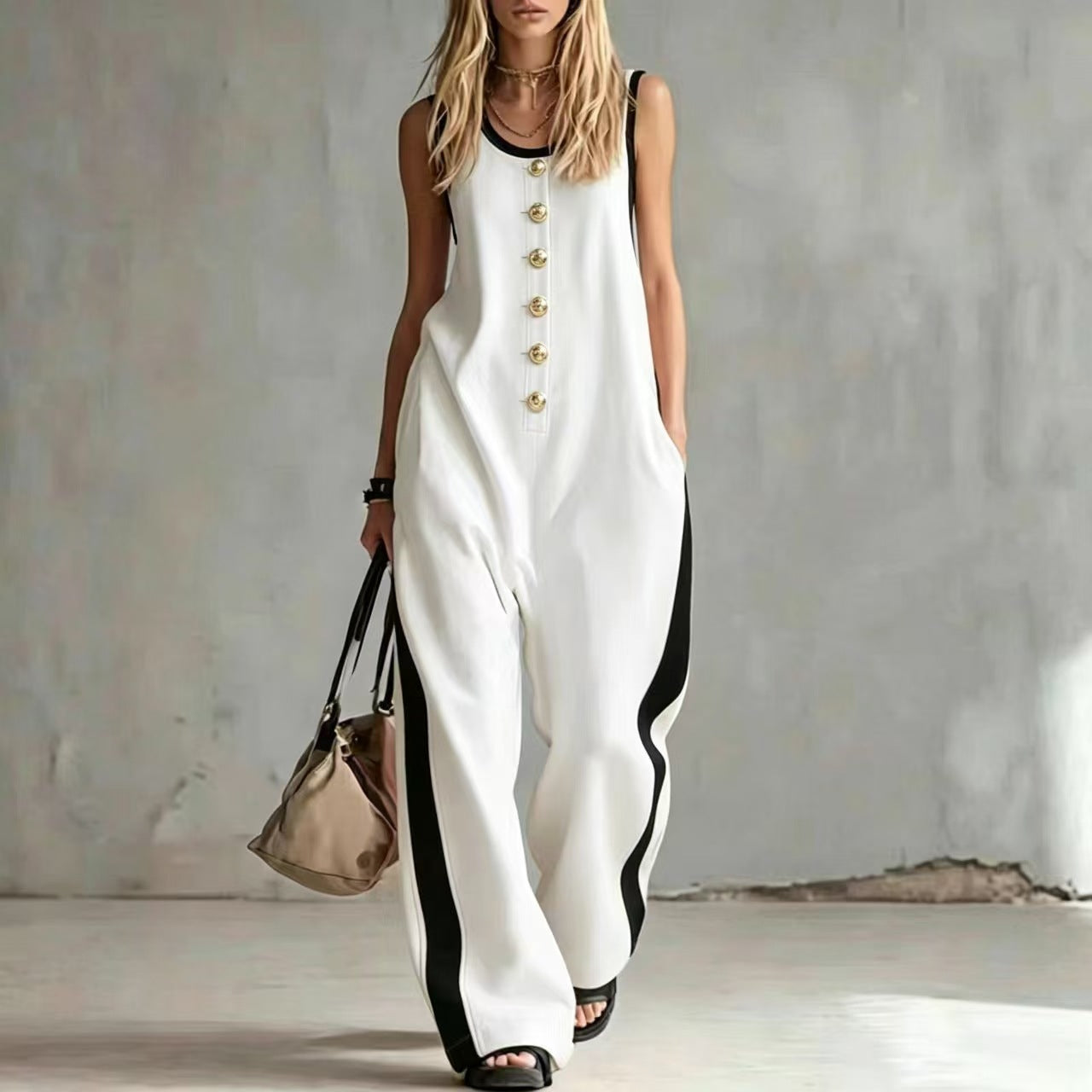 Creative Button Round Neck Color-Blocked Sleeveless Casual Jumpsuit