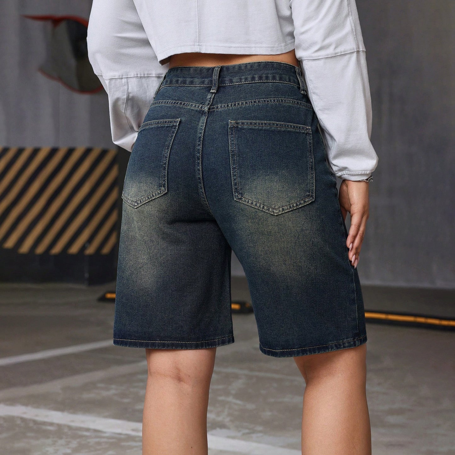 Vintage Washed Denim Shorts for Women Blue Fashion Loose Mid-Length Pants