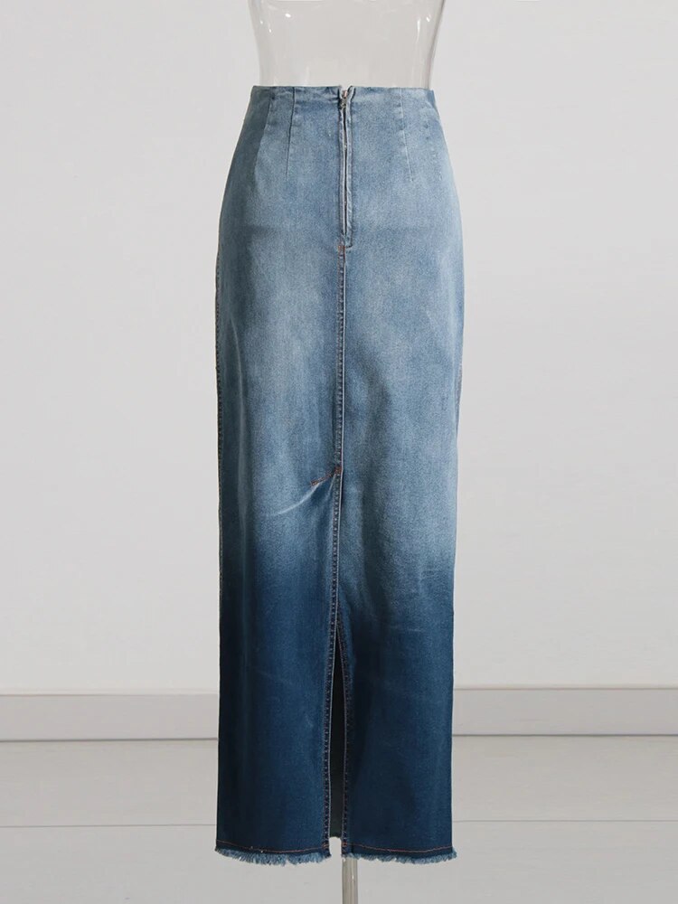 Denim Summer Skirts For Women High Waist Ombre Hit Color Raw Hem A Line Temperament Skirt Female Fashion Clothes