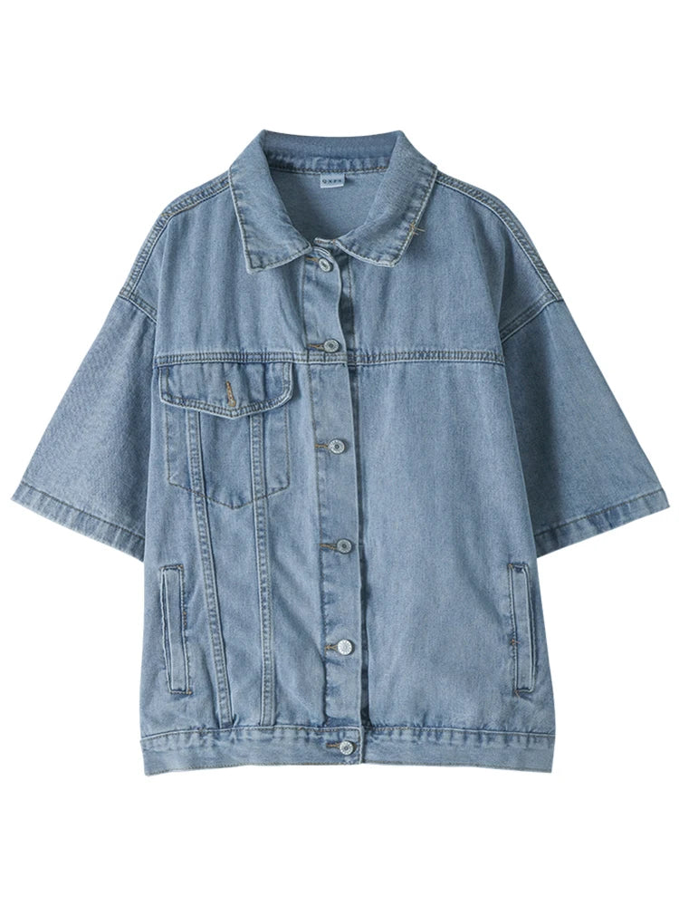 Half Sleeve Denim Jacket For Women Single Breasted Loose Fashion Pocket Patchwork Jackets Coat
