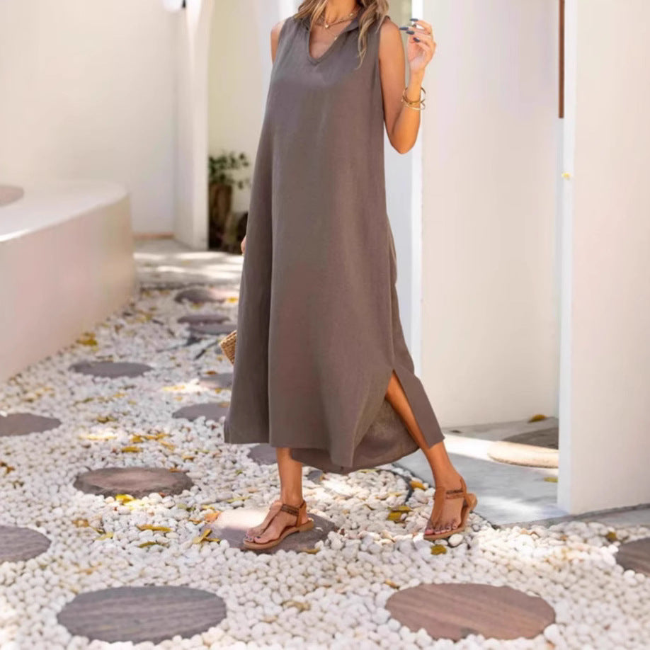 Solid Color Sleeveless V-Neck Loose Fit Dress