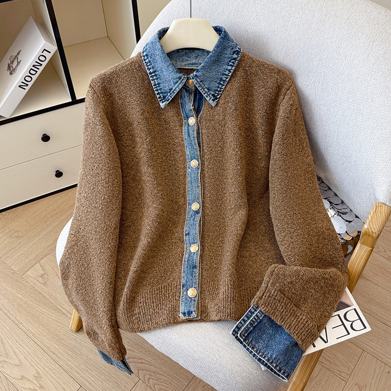 Denim Polo Neck Patchwork Knit Sweater