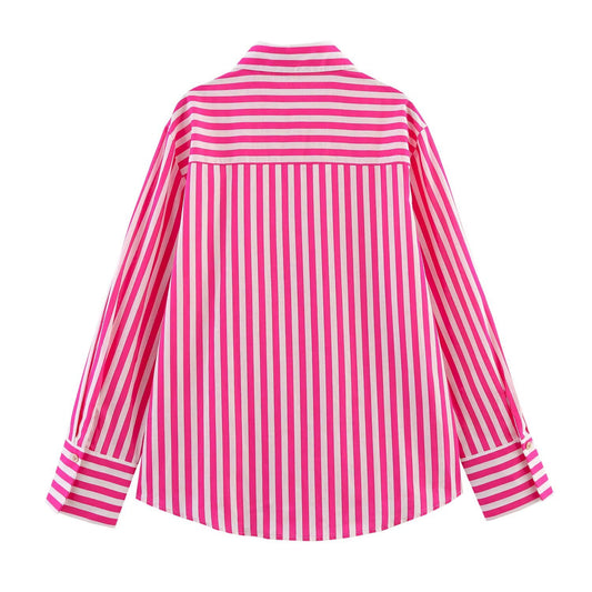 Collar long sleeved contrasting striped shirt top for women4