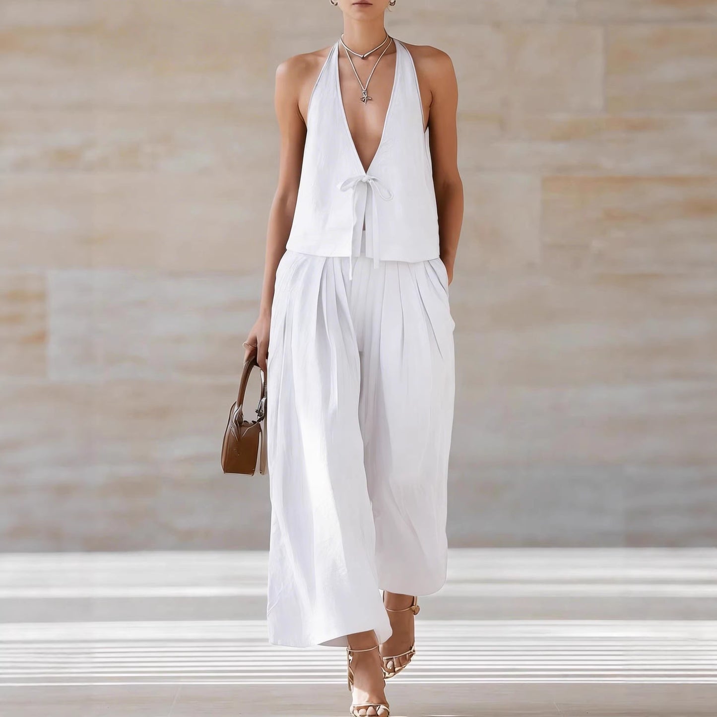 Style Solid Color Sleeveless Casual Loose Fit Two-Piece Set Tank Top amp Wide-Leg Pants Women's Outfit