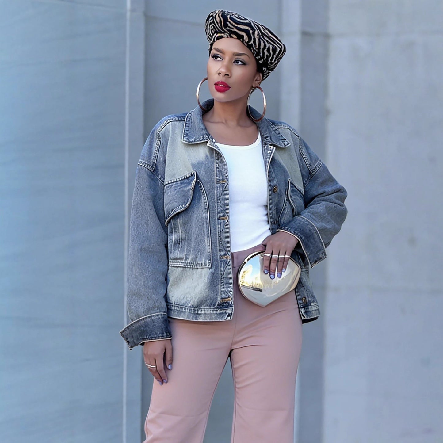 Street Style Loose Fit Oversized Pocket Bleached Denim Jacket