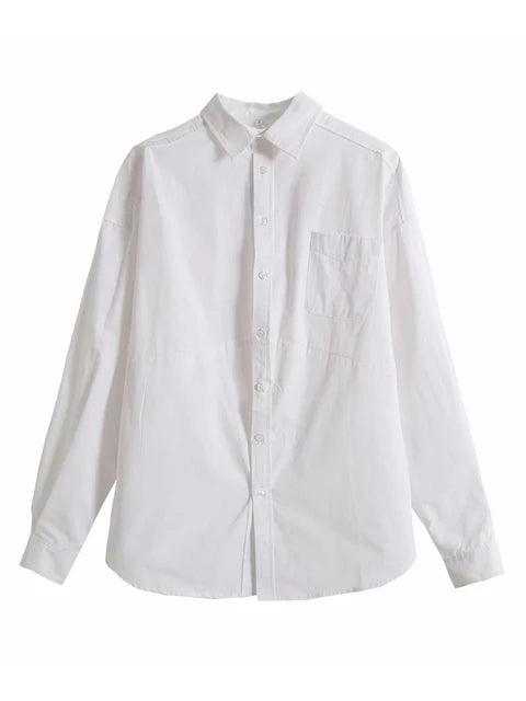 Women's Shirt Lapel Long Sleeves Single Breasted Loose White Pocket Cotton Lady Blouse Autumn