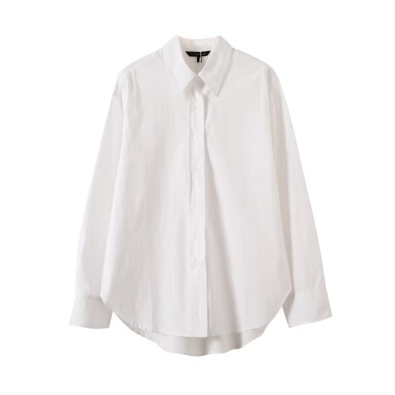 Collar long sleeved single breasted loose and versatile long cut shirt for women