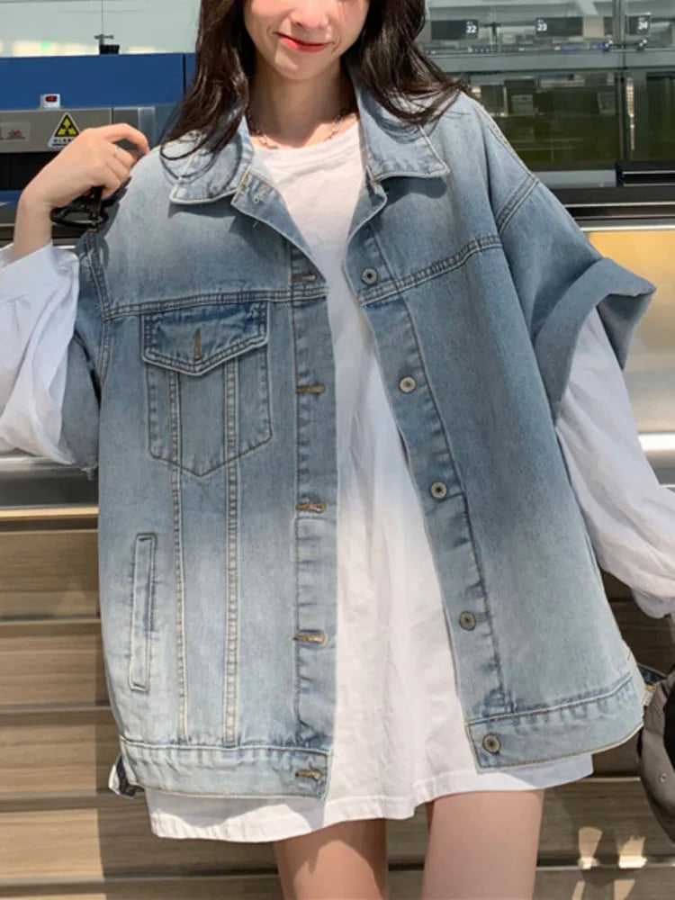 Half Sleeve Denim Jacket For Women Single Breasted Loose Fashion Pocket Patchwork Jackets Coat