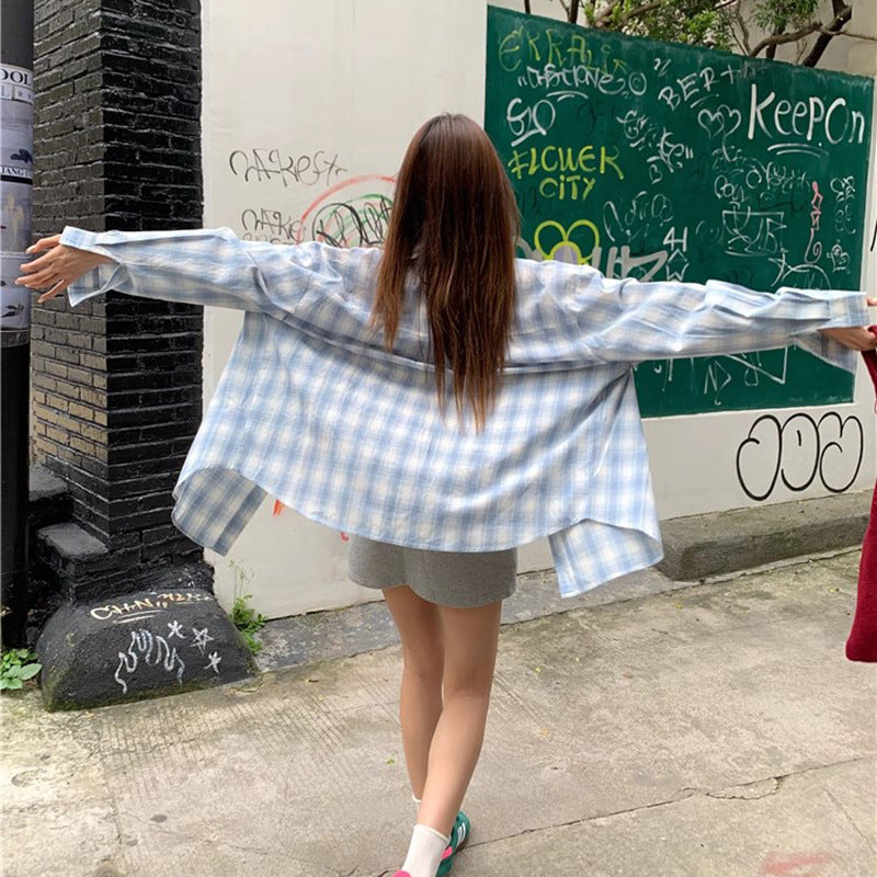 Lazy Style Notched Collar Plaid Long Sleeve Shirt  Thin Casual Loose Sunscreen Cardigan Blouse Women's Outerwear