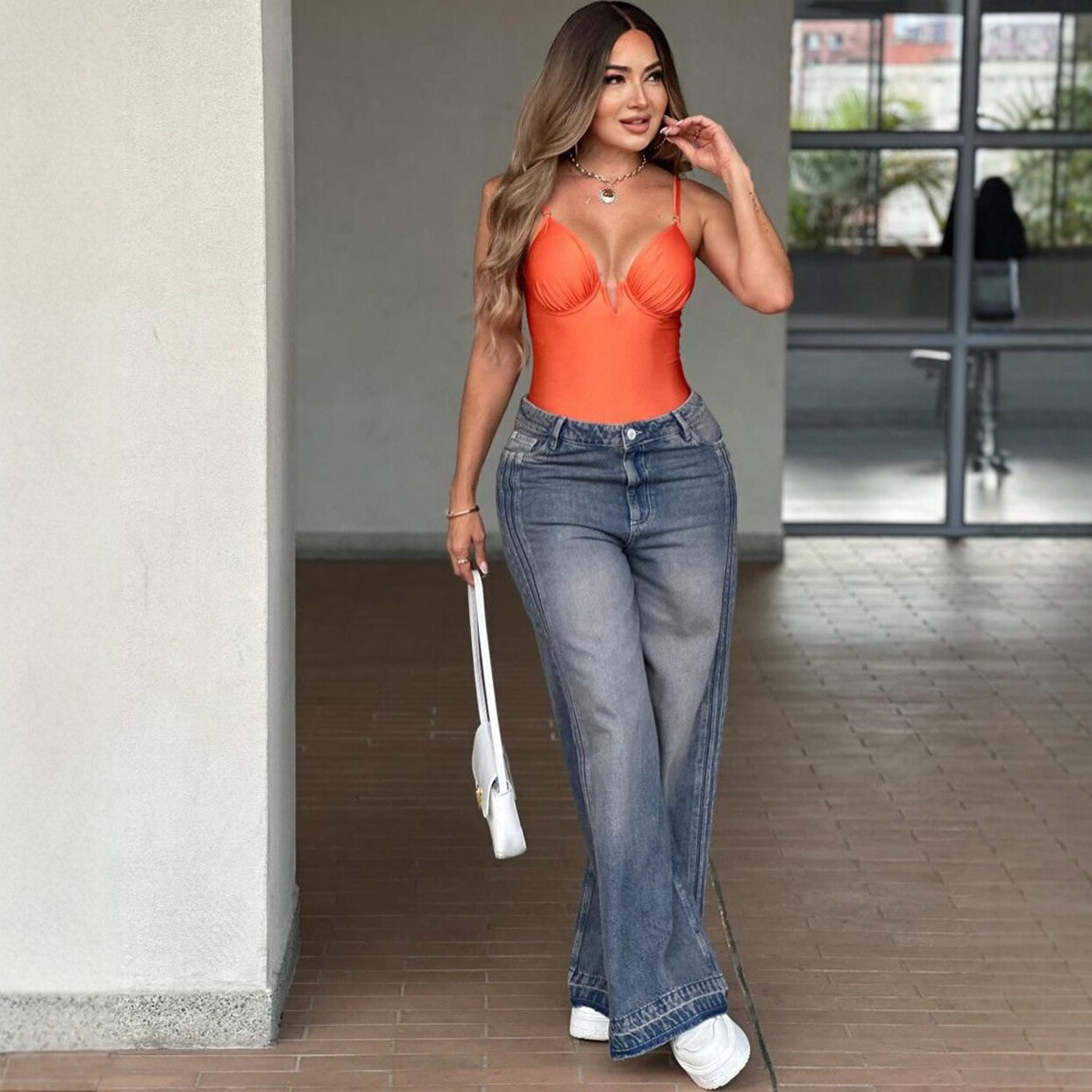 Women's High-Waisted Wide-Leg Jeans with Side Stripes Straight Leg Long Pants Summer New Style