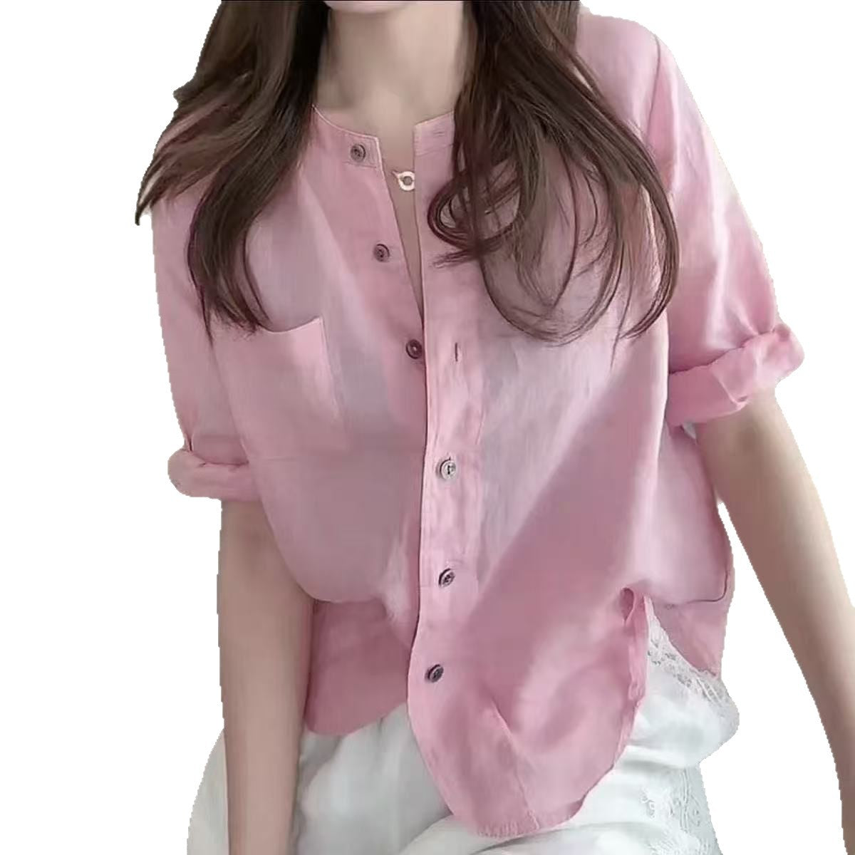 Elegant Solid Color Shirt Women Summer Loose Fit Flattering Slimming Casual Simple  Mid-Sleeve Blouse Women