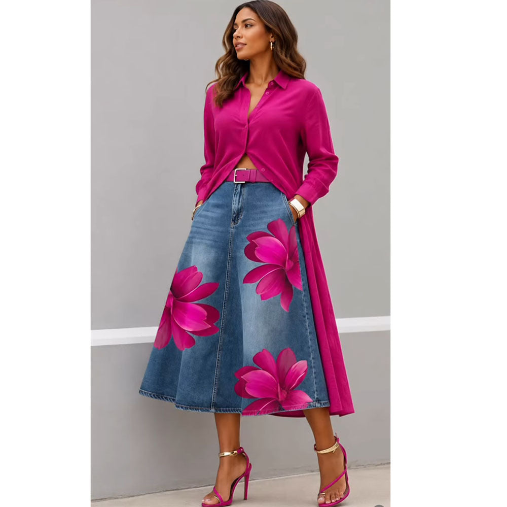 Style Floral Print Washed Denim High Waist Midi Skirt