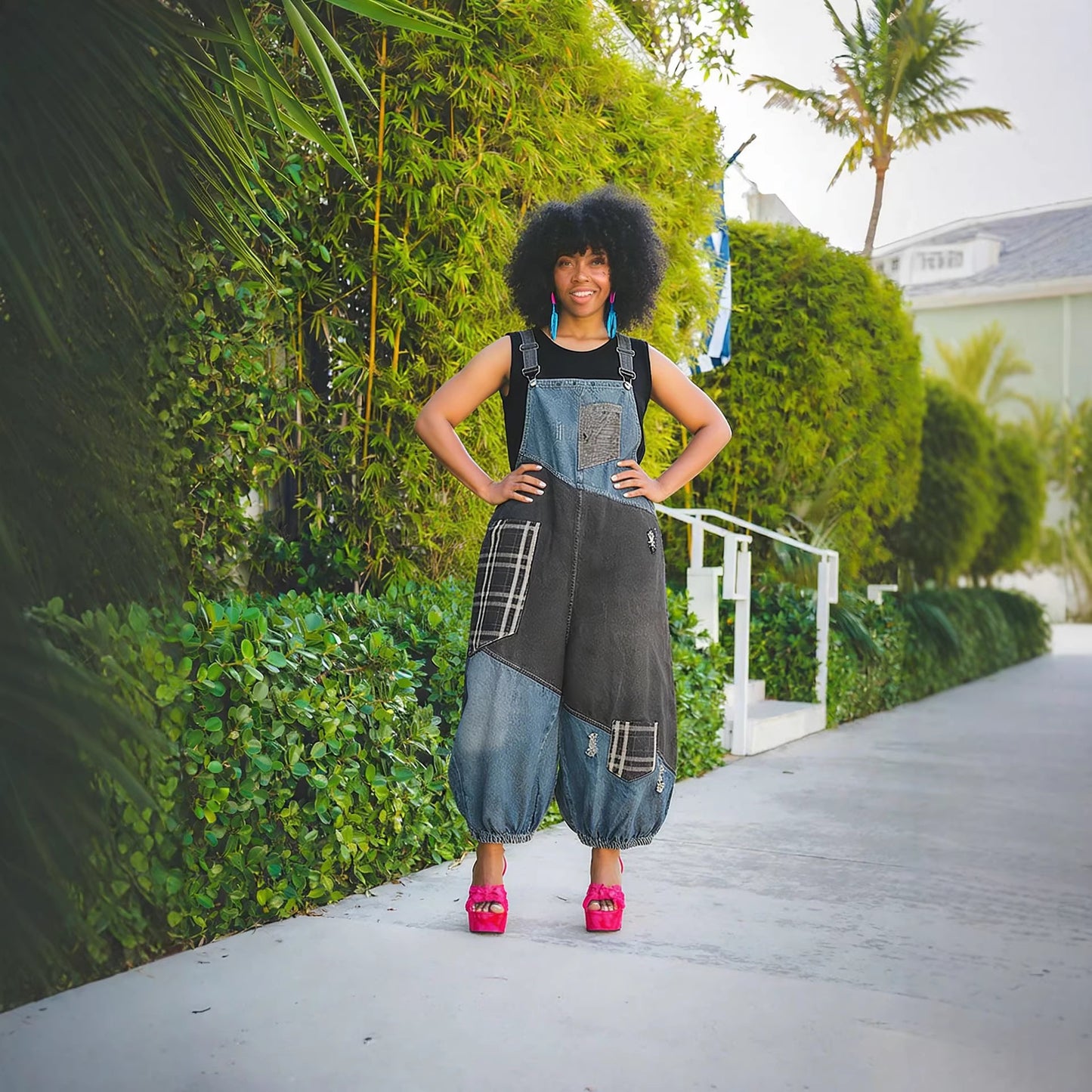 Ripped Checkered Patchwork Pocket 9/10th Length Overalls