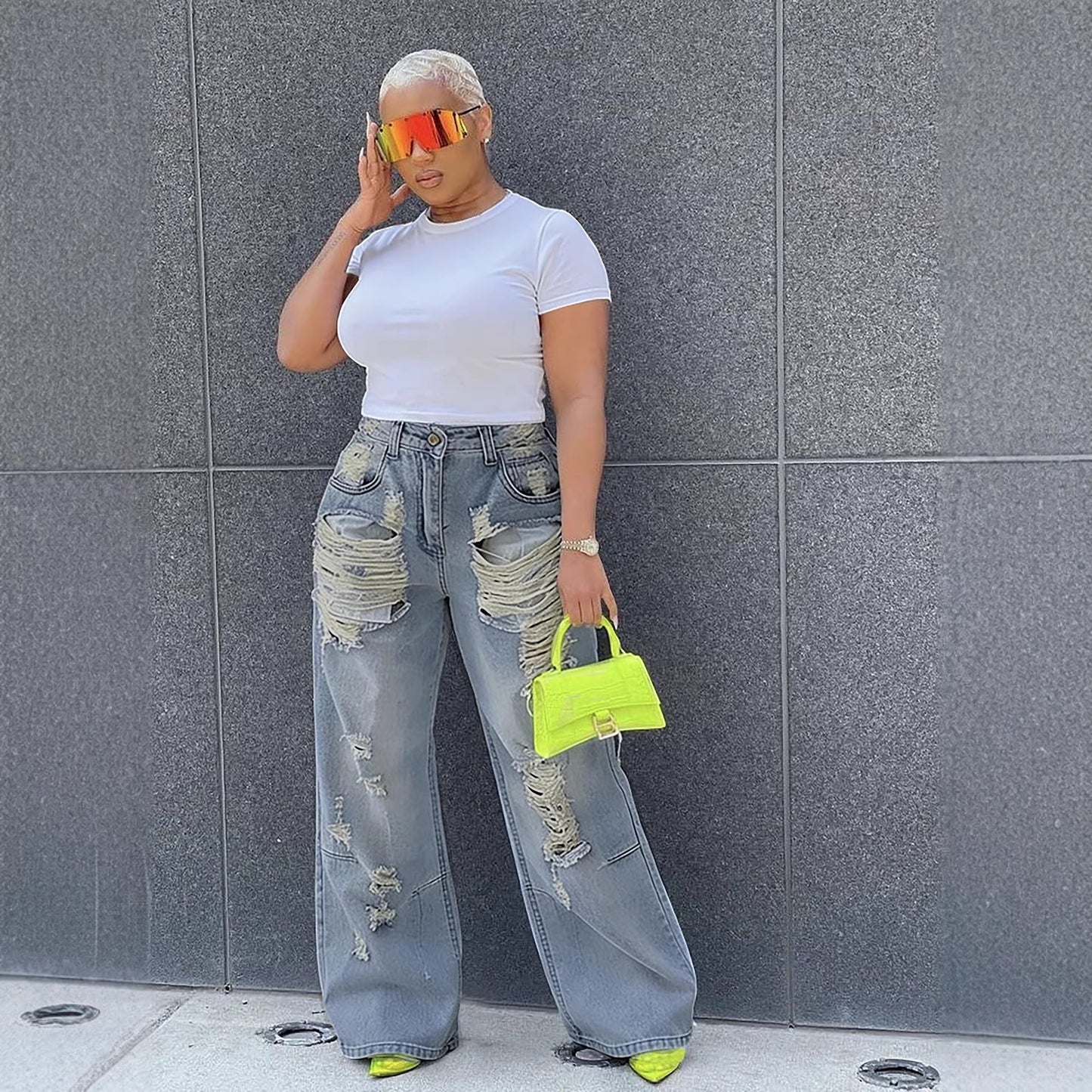 Street Rip ampTear Washed Straight Leg Jeans