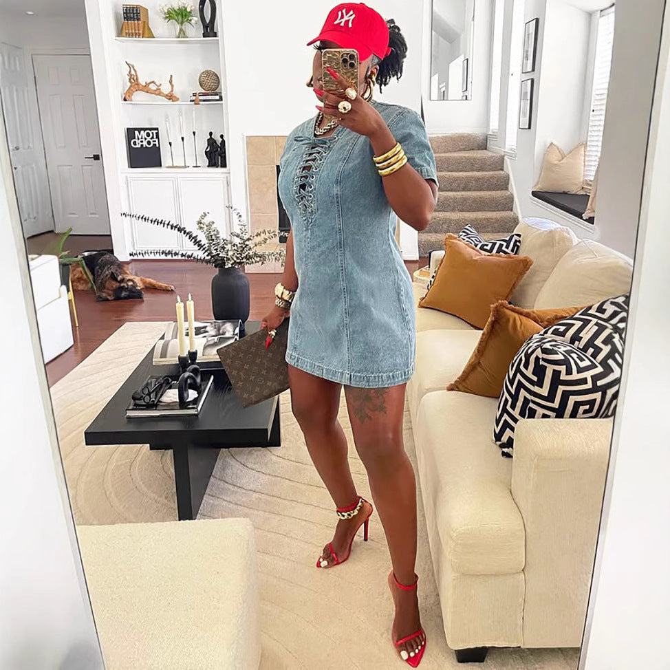 Women's Denim Dress Summer Street Fashion Tie-Front Short Sleeve Denim Dress