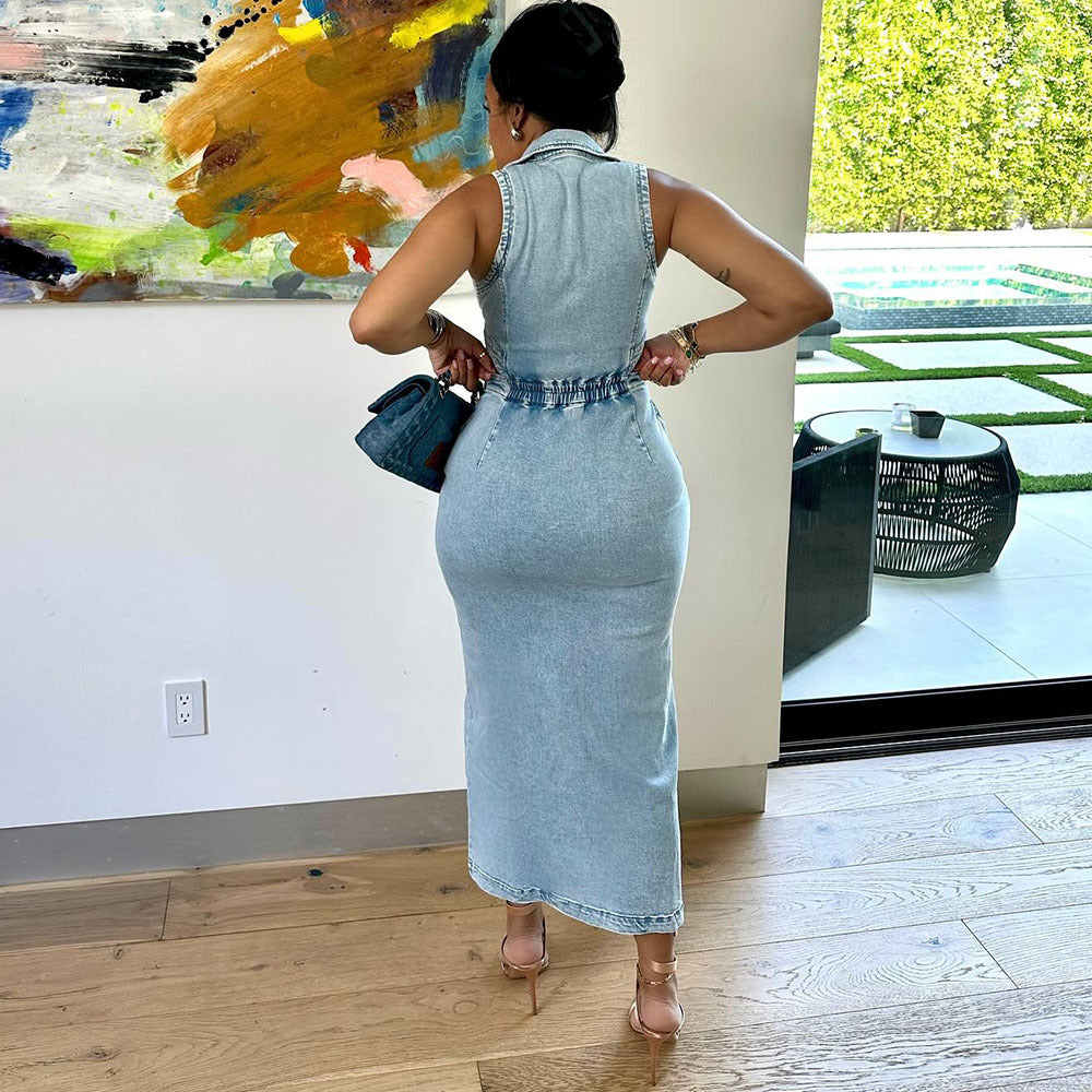 Women's Denim Dress, Fashion Sexy Sleeveless Flip Collar Split Dress